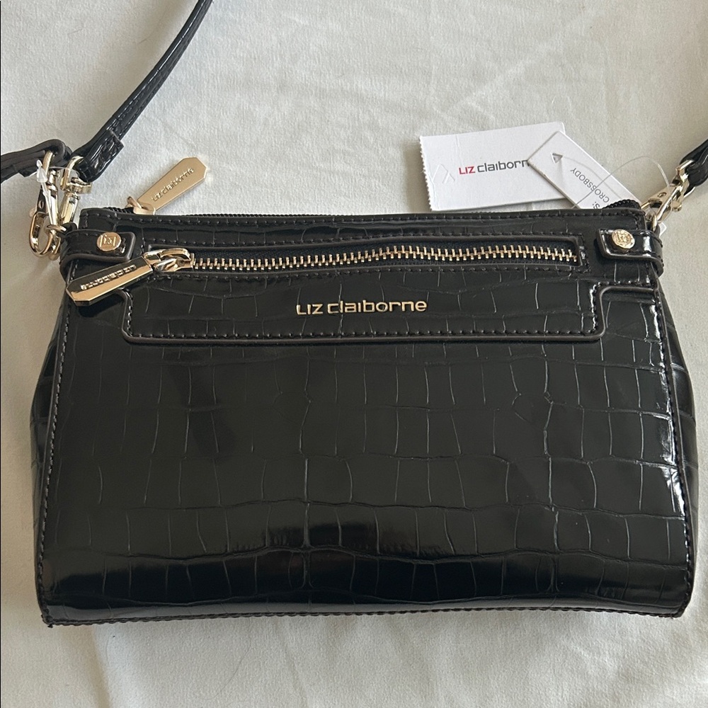 Liz Claiborne Black Croc-Pattern Crossbody Bag